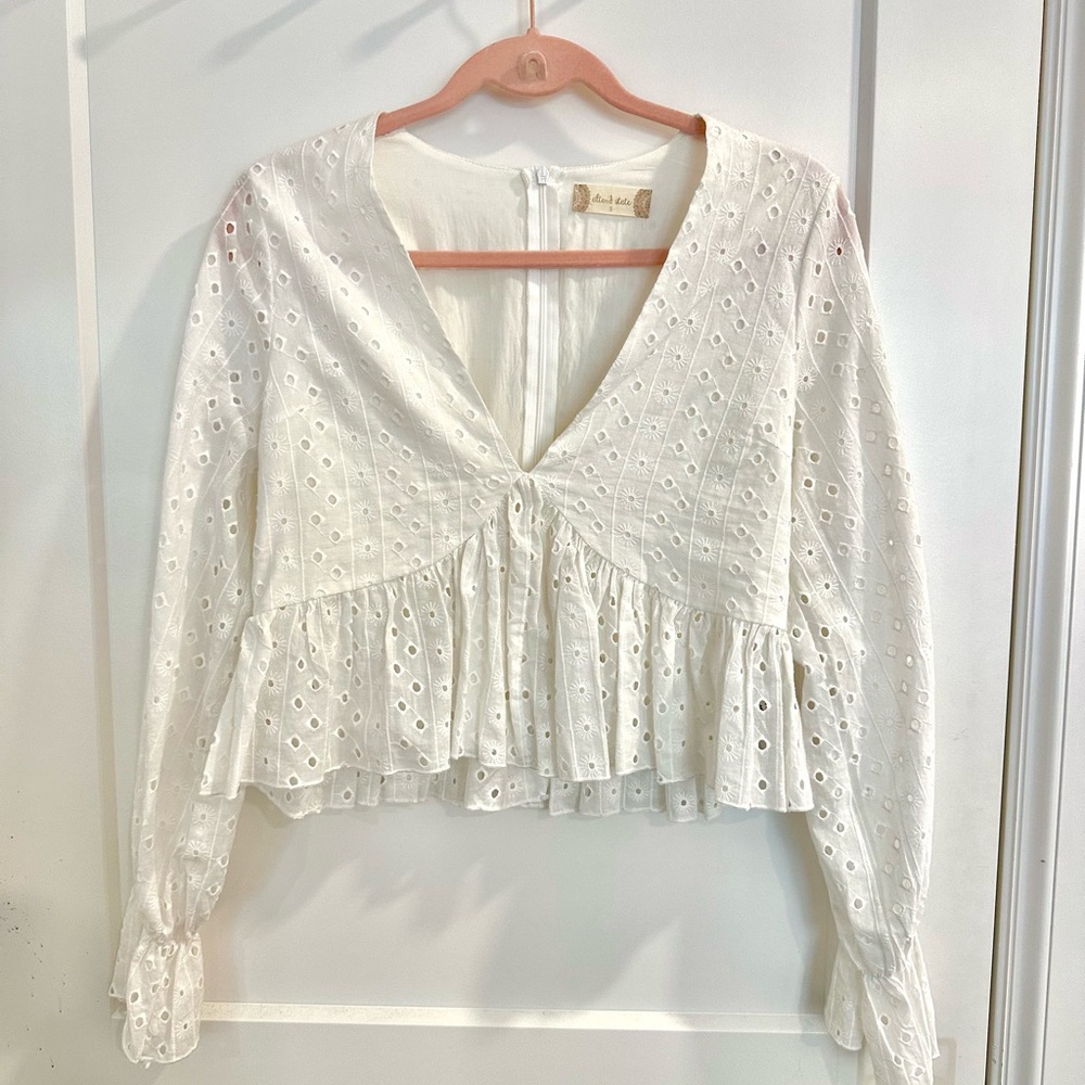 White Eyelet V-Neck Blouse